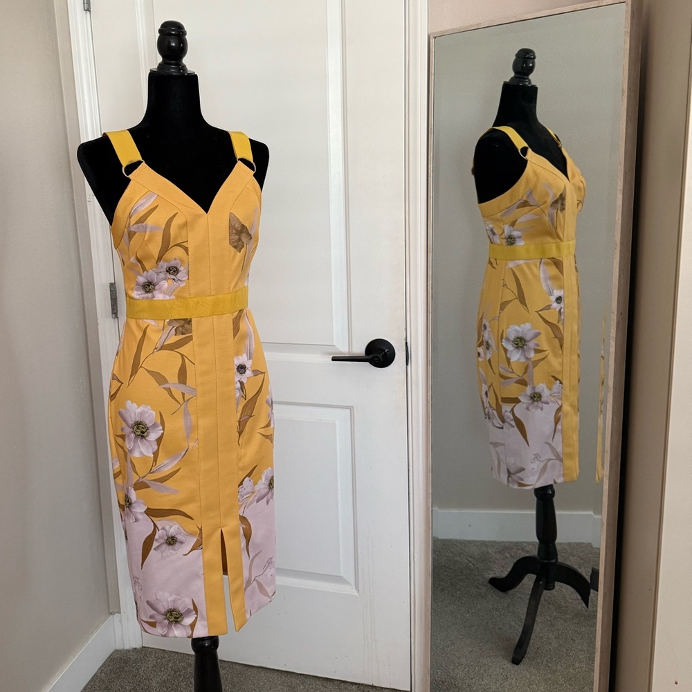 Ted Baker Yellow Floral Midi Dress size 2 equal to US6